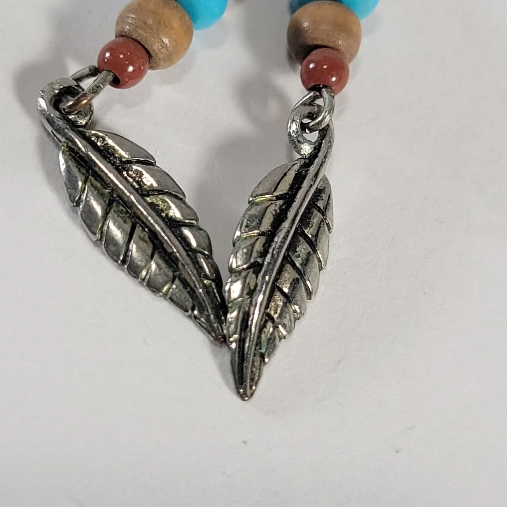 Southwestern Dangle Earrings Turquoise Brown Wood Bead Silver Leaf Boho Jewlery
